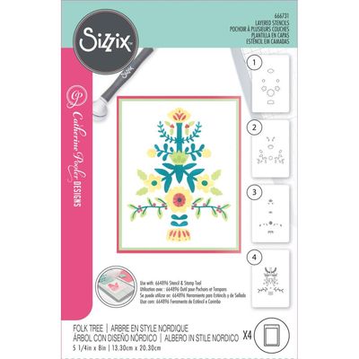 Sizzix - Catherine Pooler - 12 Days of Christmas Collection - Layered Stencils - A6 - Folk Tree - 666731 - 6 pcs