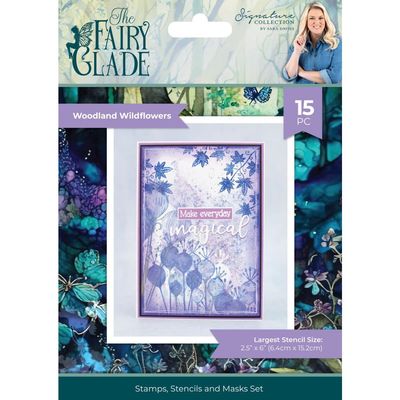 Crafters Companion - Signature Collection By Sara Davies - Fairy Glade - Stamp. Stencil &amp; Mask Set  - Woodland Wildflower - STP-STENMA-WOW - 15 pcs
