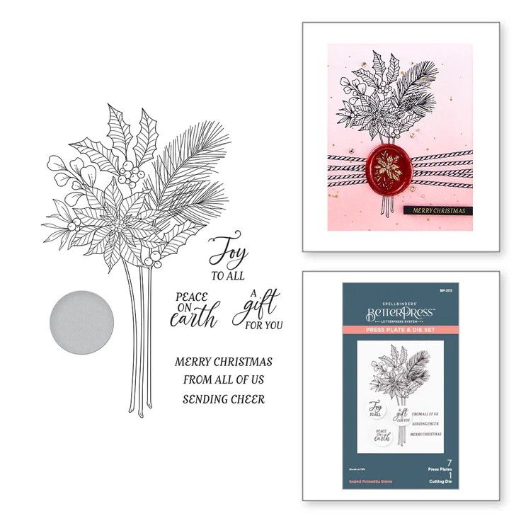Spellbinders Paper Arts - Sealed 3D Christmas Collection - Sealed poinsettia Stems - Press Plate &amp; Die Set - BP-203