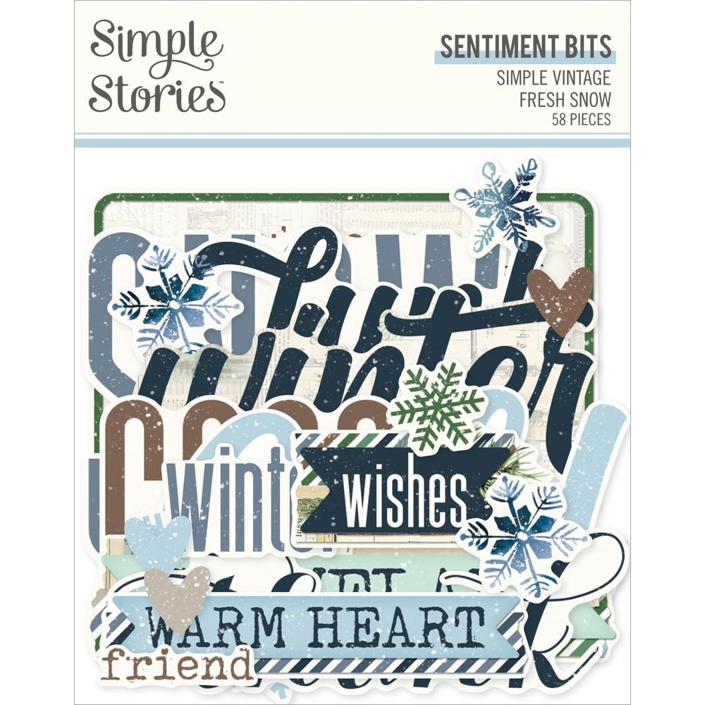 Simple Stories - Fresh Snow Collection - Bits &amp; Pieces - Die Cuts - Sentiments - 23723 - 58 pcs
