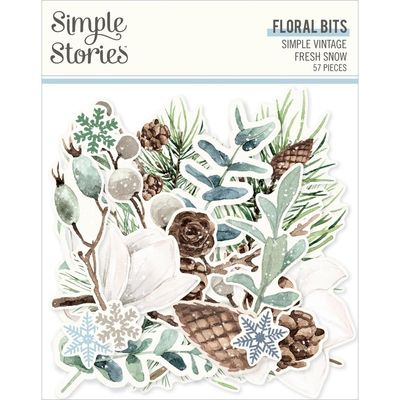 Simple Stories - Fresh Snow Collection - Bits &amp; Pieces - Die Cuts - Floral - 23722 - 57pcs