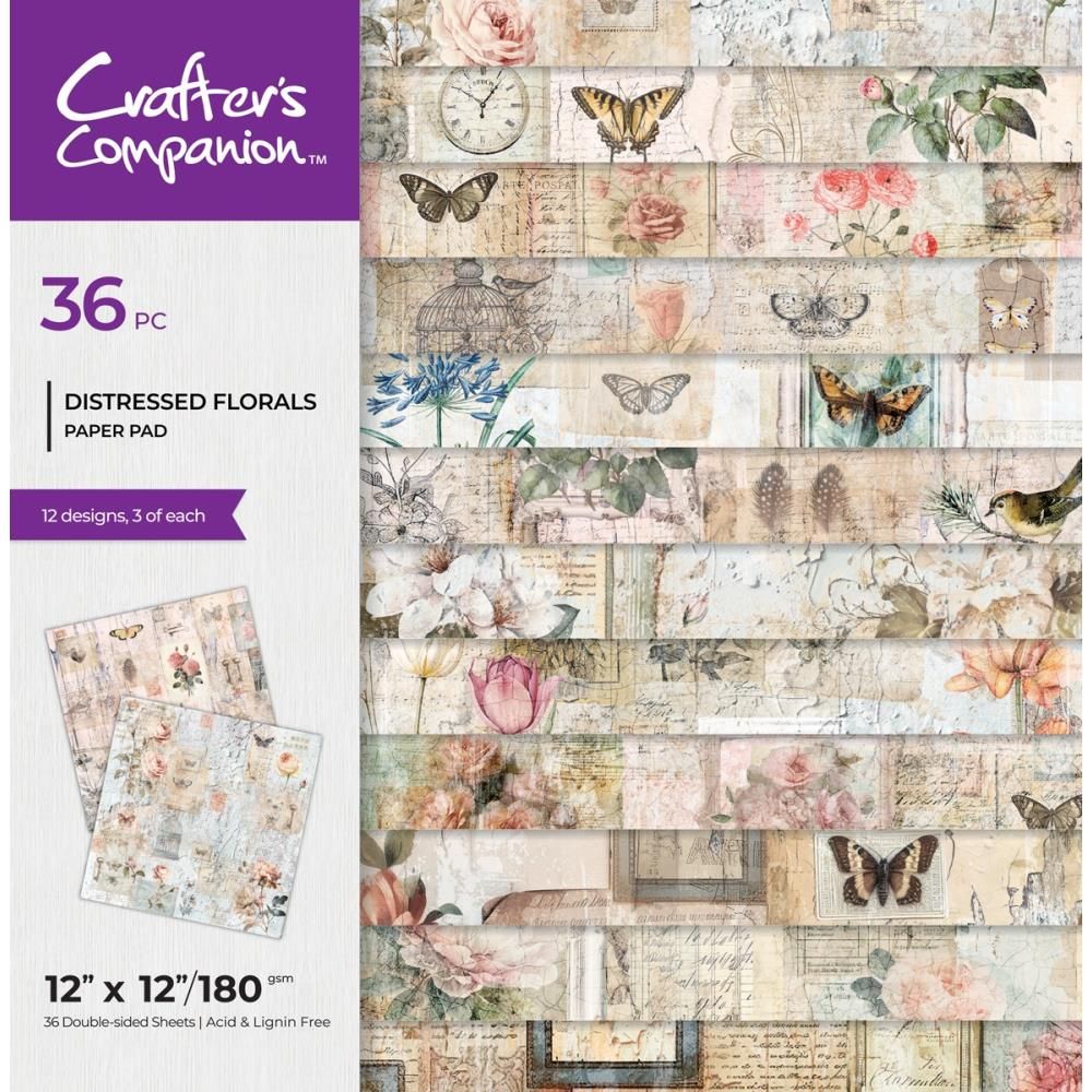 Crafters Companion - Distressed Florals Pad - 12 x 12 - 24 sheets - CC-PAD12-DISF