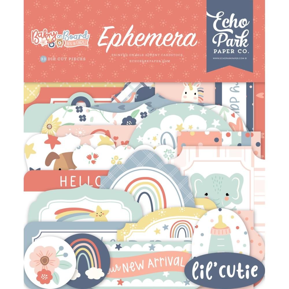 Echo Park Paper Co - Baby On Board Collection - Girl - Ephemera - Icons - BOG414024 - 33 pcs