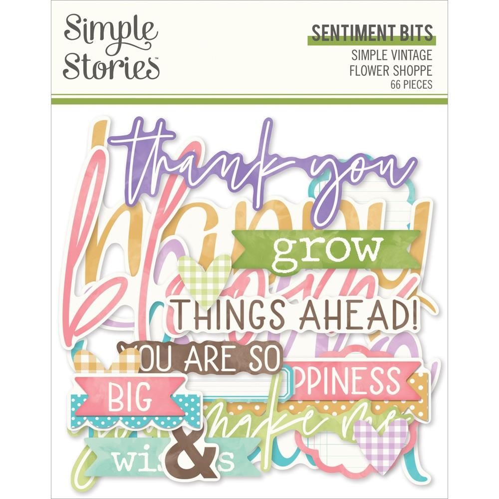 Simple Stories - Simple Vintage Flower Shoppe Collection - Die Cuts - Bits &amp; Pieces - Sentiments - 24224 - 66 pcs