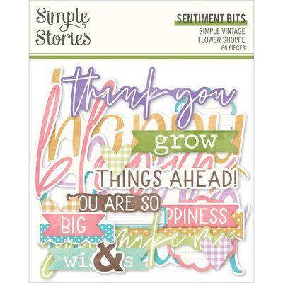 Simple Stories - Simple Vintage Flower Shoppe Collection - Die Cuts - Bits &amp; Pieces - Sentiments - 24224 - 66 pcs