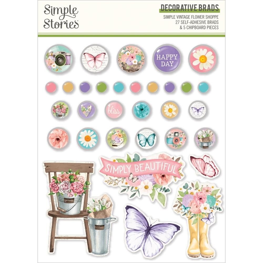 Simple Stories - Simple Vintage Flower Shoppe Collection - Decorative Brads &amp; Chipboard Shapes - 24230 - 27 Brads and 5 Chipboard pieces