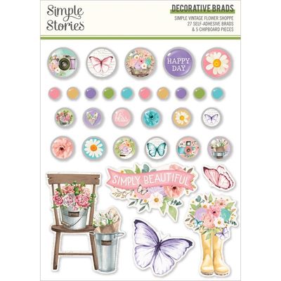 Simple Stories - Simple Vintage Flower Shoppe Collection - Decorative Brads &amp; Chipboard Shapes - 24230 - 27 Brads and 5 Chipboard pieces
