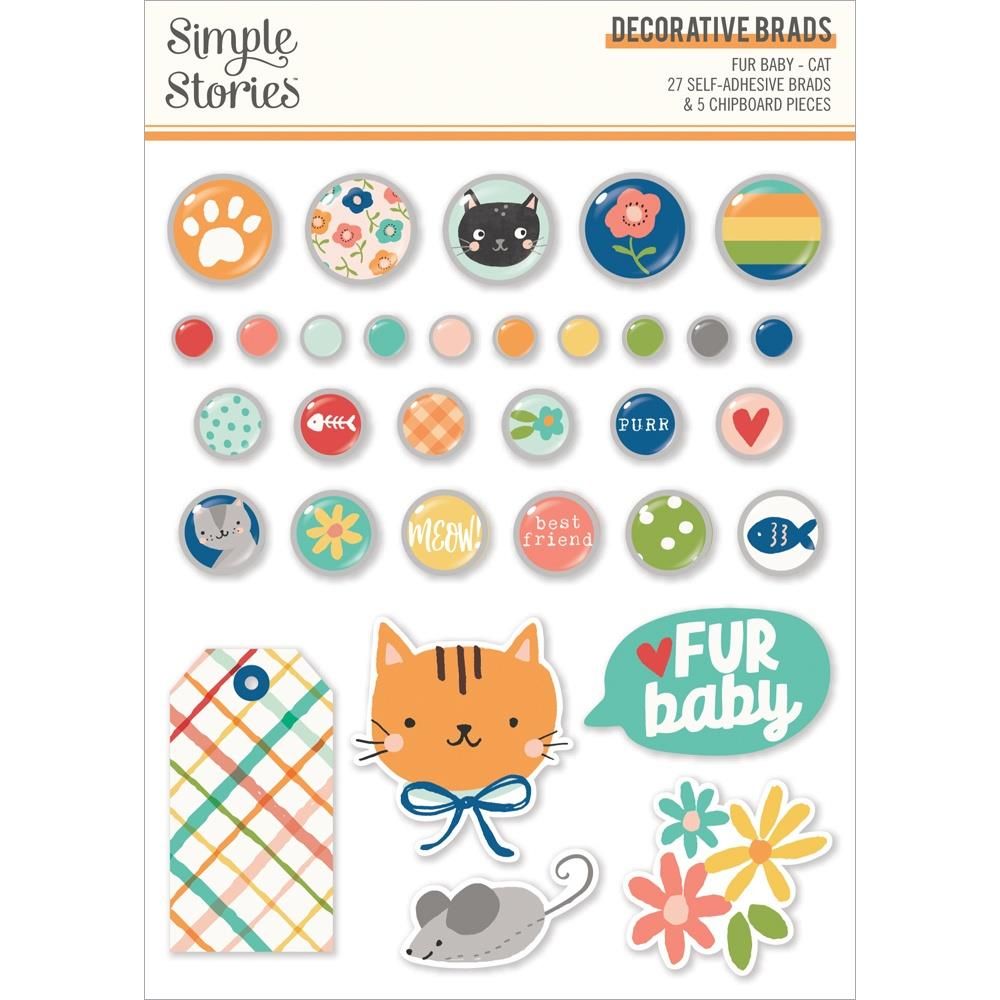 Simple Stories - Fur Baby Collection - Cat - Decorative Brads &amp; Chipboard Shapes - 24023 - 27 Brads &amp; 5 Chipboard shapes