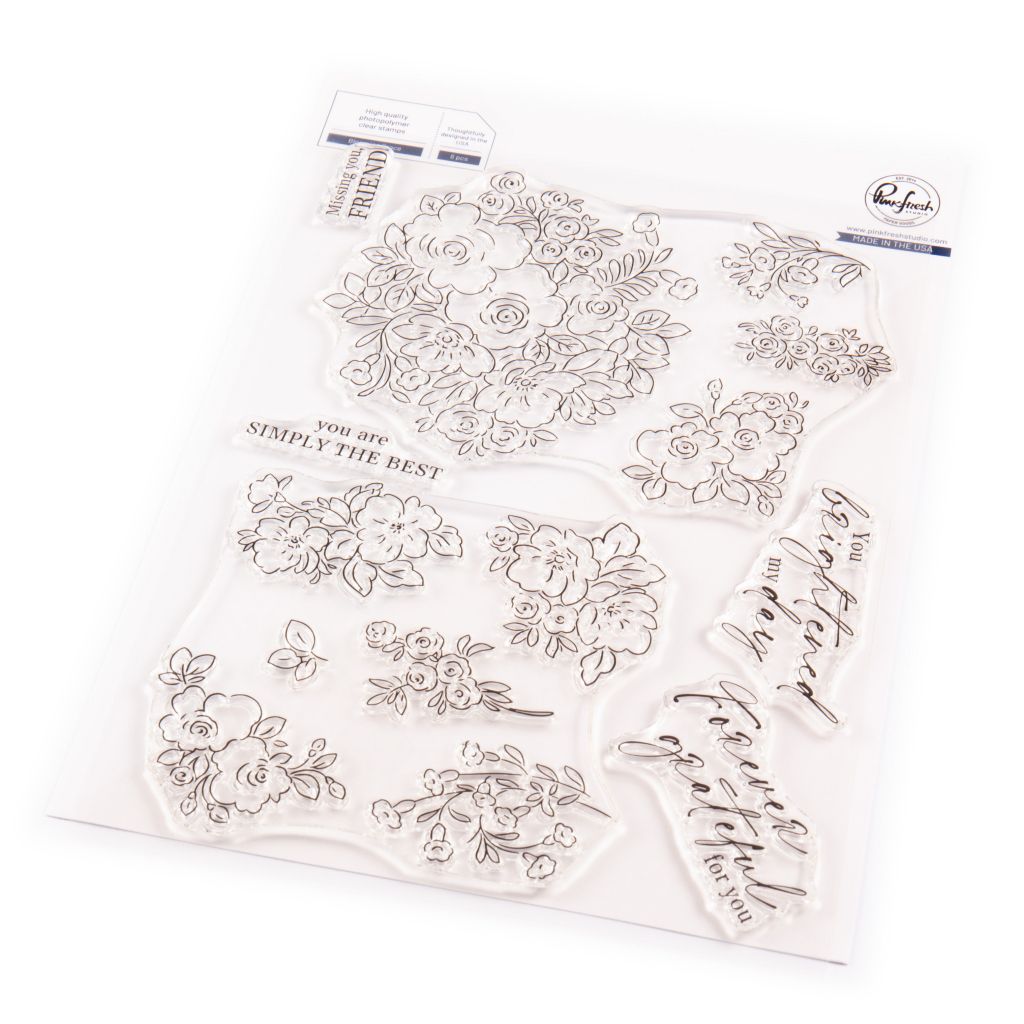 PinkFresh Studio - Joyful Blooms Collection - Blooming Grace Bundle Polymer Clear Stamp, Stencil Die  - 269624, 269825, 269725