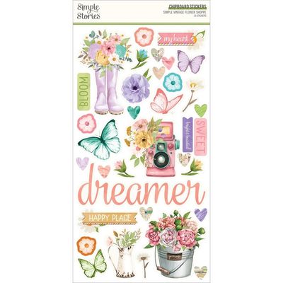 Simple Stories - Simple Vintage Flower Shoppe Collection - Chipboard Stickers -  6&quot; x 12&quot; - 24221 - 27 pcs