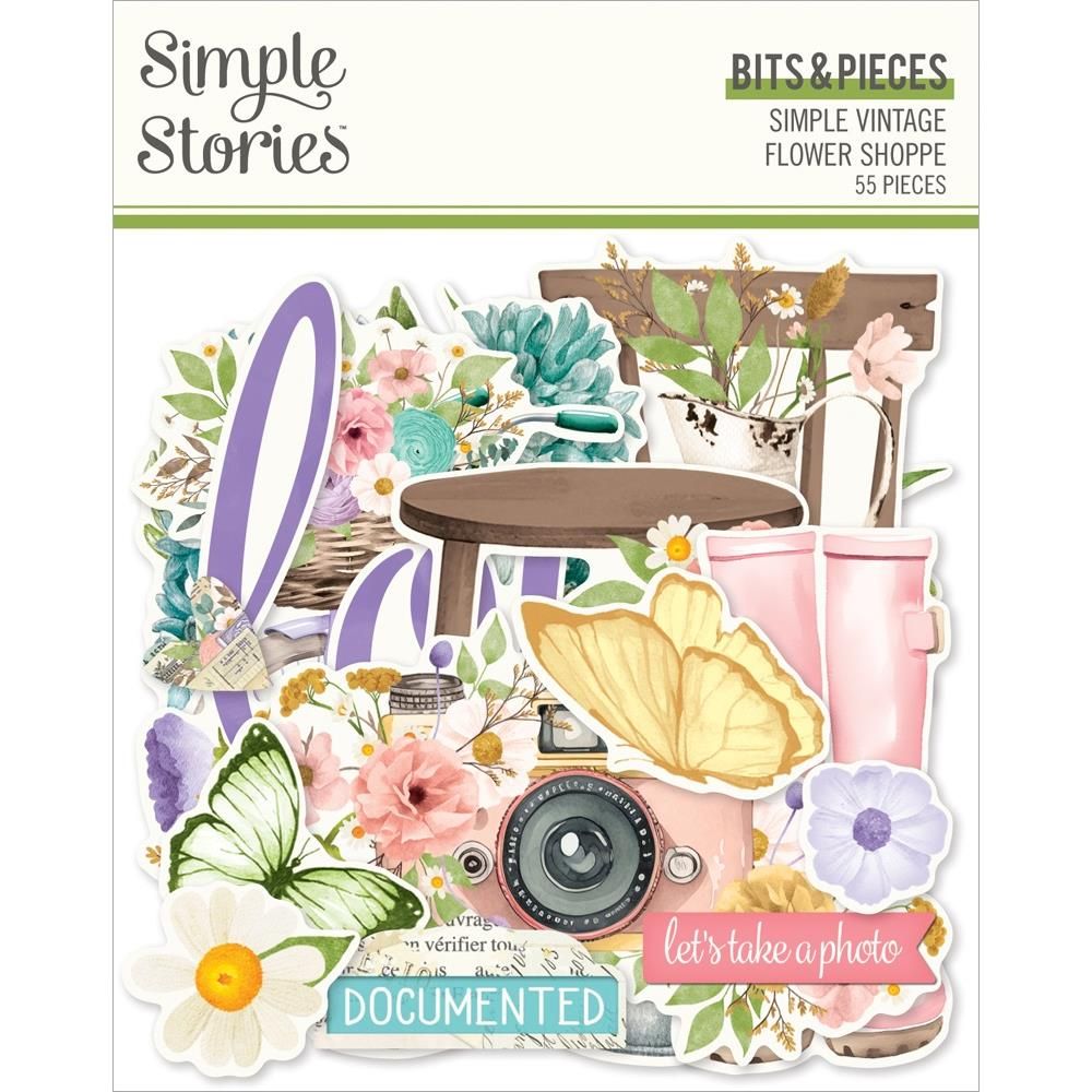 Simple Stories - Simple Vintage Flower Shoppe Collection - Die Cuts - Bits &amp; Pieces - 24222 - 55 pcs