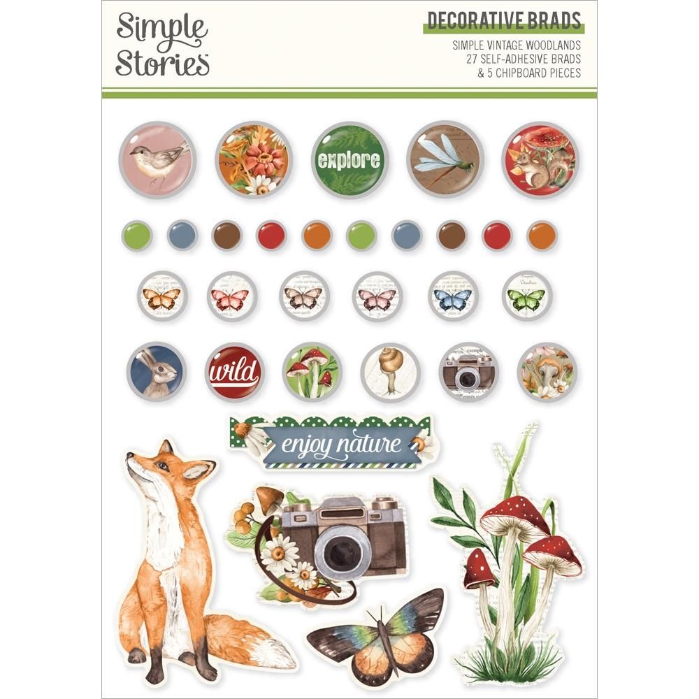 Simple Stories - Simple Vintage Woodland Collection - Decorative Brads &amp; Chipboard Set - 24731 - 27 Brads &amp; 5 Chipboard pcs self Adhesive