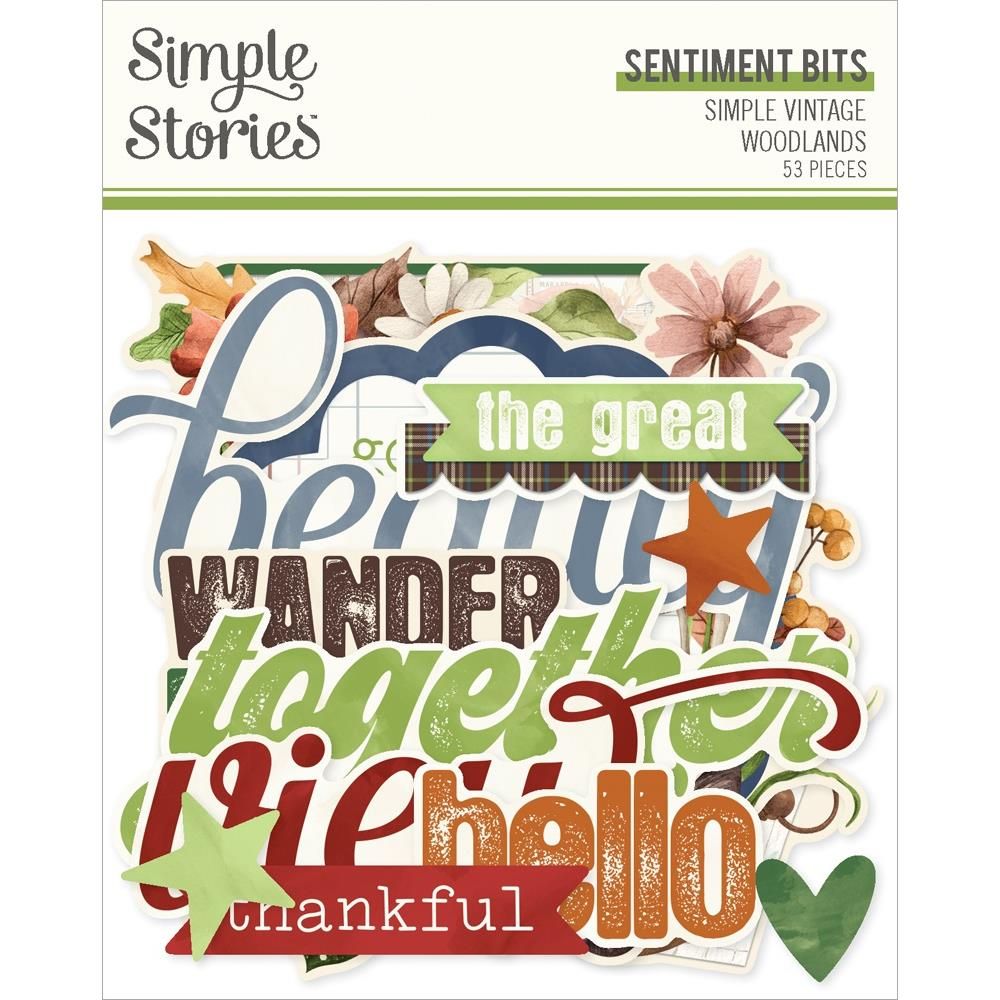 Simple Stories - Simple Vintage Woodland Collection - Die Cuts -  Bits &amp; Pieces - Sentiments - 24725 - 53 pcs