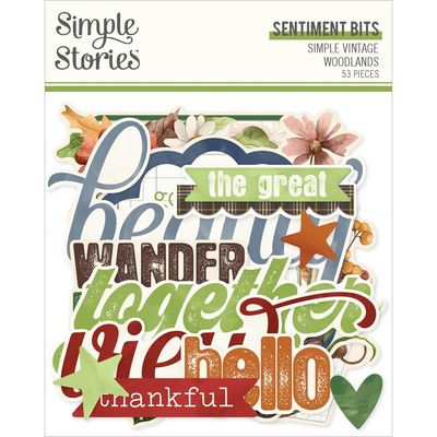 Simple Stories - Simple Vintage Woodland Collection - Die Cuts -  Bits &amp; Pieces - Sentiments - 24725 - 53 pcs