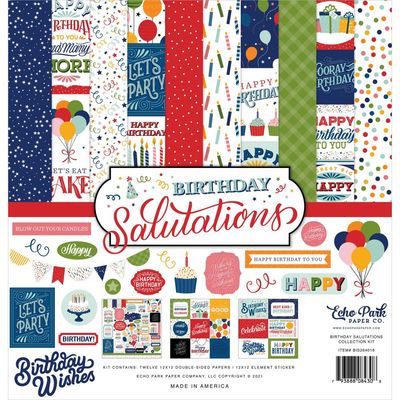 Echo Park Paper Co - Birthday Salutations - 12&quot; x 12&quot; Paper Pack - BIS264016 - 12 Sheets plus Sticker Sheet