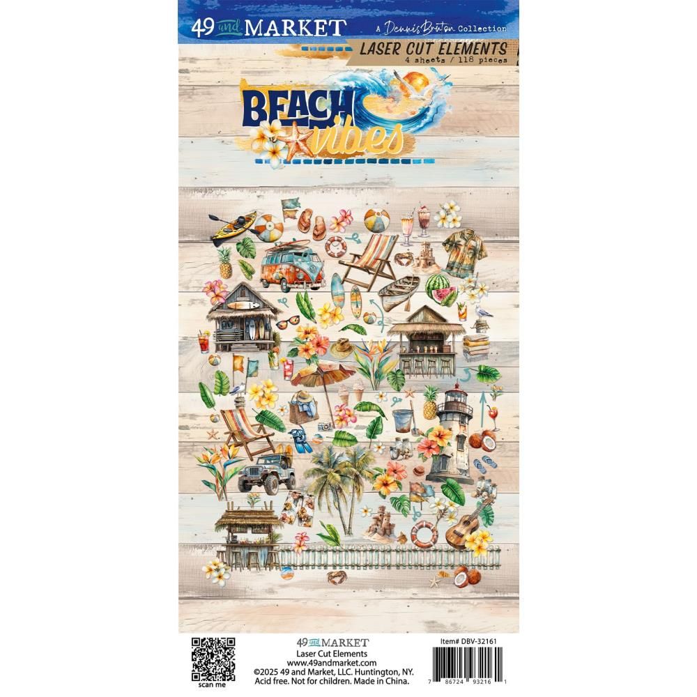 49 &amp; Market - Beach Vibes Collection - Laser Die Cuts - Elements - 6&quot; x 12&quot; - DBV32161 - 4 Sheets - 118 pcs
