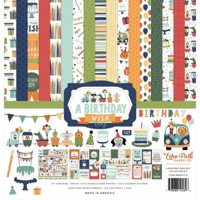 Echo Park Paper Co - A Birthday Wish Boy Collection - 12 x 12 Paper Pack - 12 Sheets plus sticker page - BWB297016