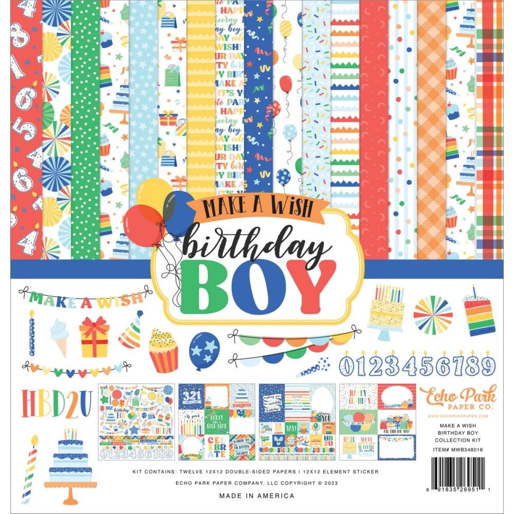 Echo Park Paper Co - Make A Wish Birthday Boy Collection - 12 x 12 Paper Pack - 12 sheets plus sticker page - MWB348016