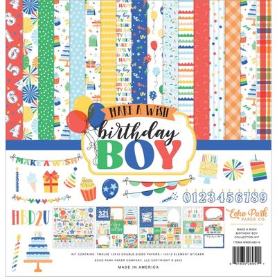 Echo Park Paper Co - Make A Wish Birthday Boy Collection - 12 x 12 Paper Pack - 12 sheets plus sticker page - MWB348016