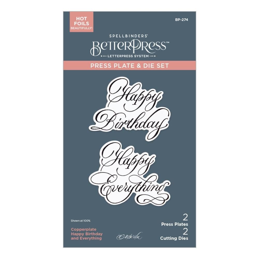 Spellbinders Paper Arts - Designed by Paul Antonio - Copperplate Happy Everything Collection - Sentiments Press Plate  &amp; Die Set - Happy Birthday and Everything - BP 274 - 4 pcs