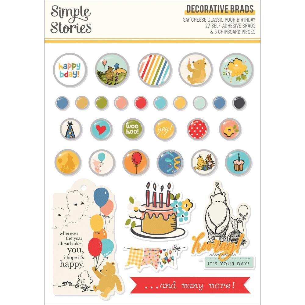 Simple Stories - Say Cheese Classic Pooh Birthday Collection - Decorative Brads - Self Adhesive - 24812 - 27 Brads &amp; 5 Chip pcs