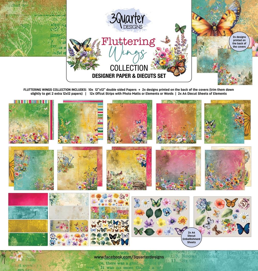 3 Quarter Designs - 12&quot; x 12&quot; Paper Pack -  Fluttering Wings Collection - NEW