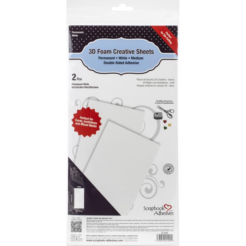 3L - Scrapbook Adhesives - White Permanent 3D Foam - 6&quot; x 12&quot; Sheets - 2 sheets - 01400
