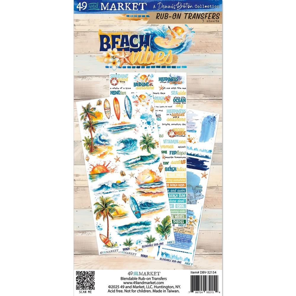 49 &amp; Market - Beach Vibes Collection - Rub Ons - 6" x 12" - JDBV32154 - 3 Sheets