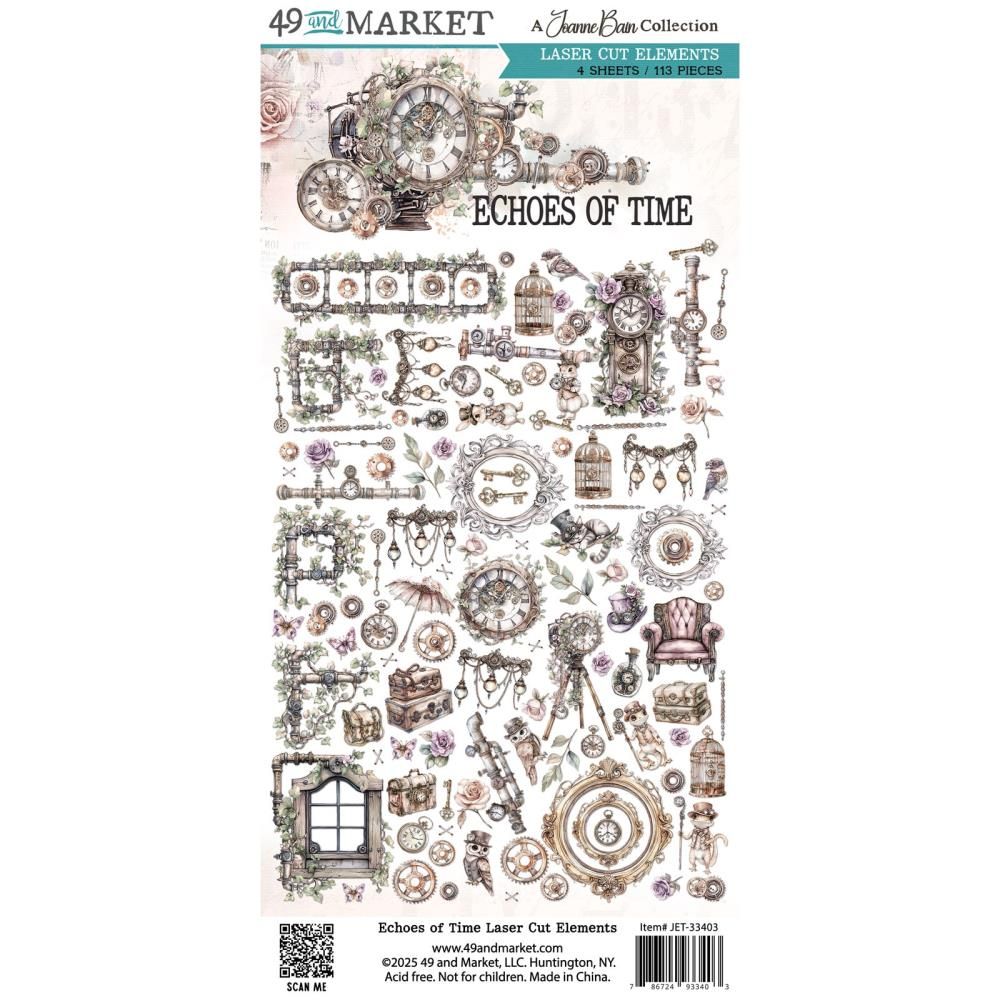 49 &amp; Market - Echoes of Time Collection - Laser Die Cuts - Elements - 6" x 12" - JET33403 - 4 Sheets - 113 pcs