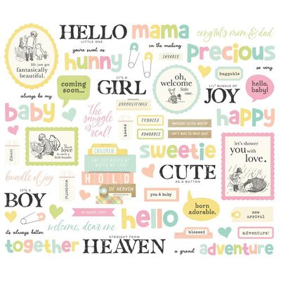 Simple Stories - Say Cheese Classic Pooh Baby Collection - Bits & Pieces - Sentiments- 25829 - 59 pcs