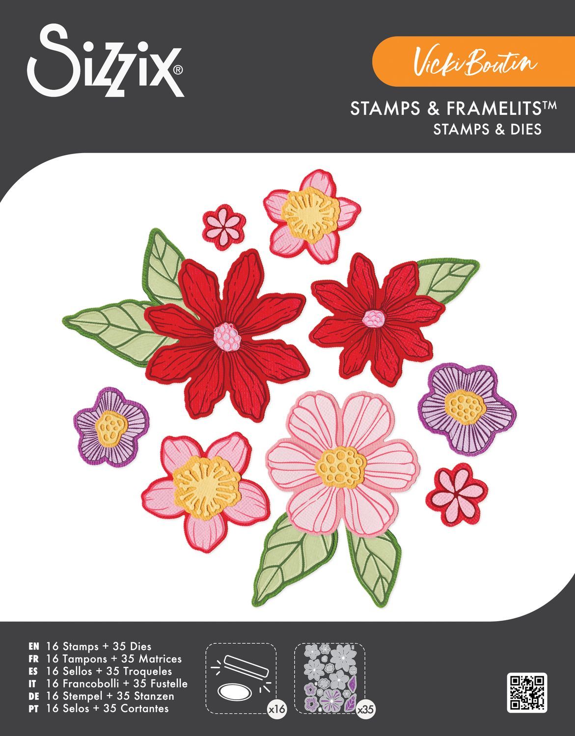 Sizzix &amp; Vicki Boutin - Thinlets Stamp &amp; Die Set- Floral Layers - 16 Stamps &amp; 36 Dies - 667074
