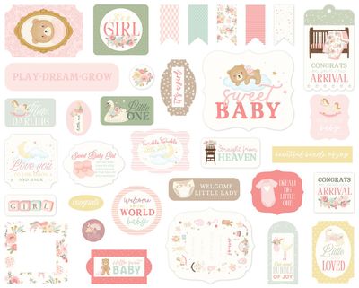 Carta Bella - Little Lullabies Collection - Baby Girl - Ephemera - CBLUG486024 - 33 pcs