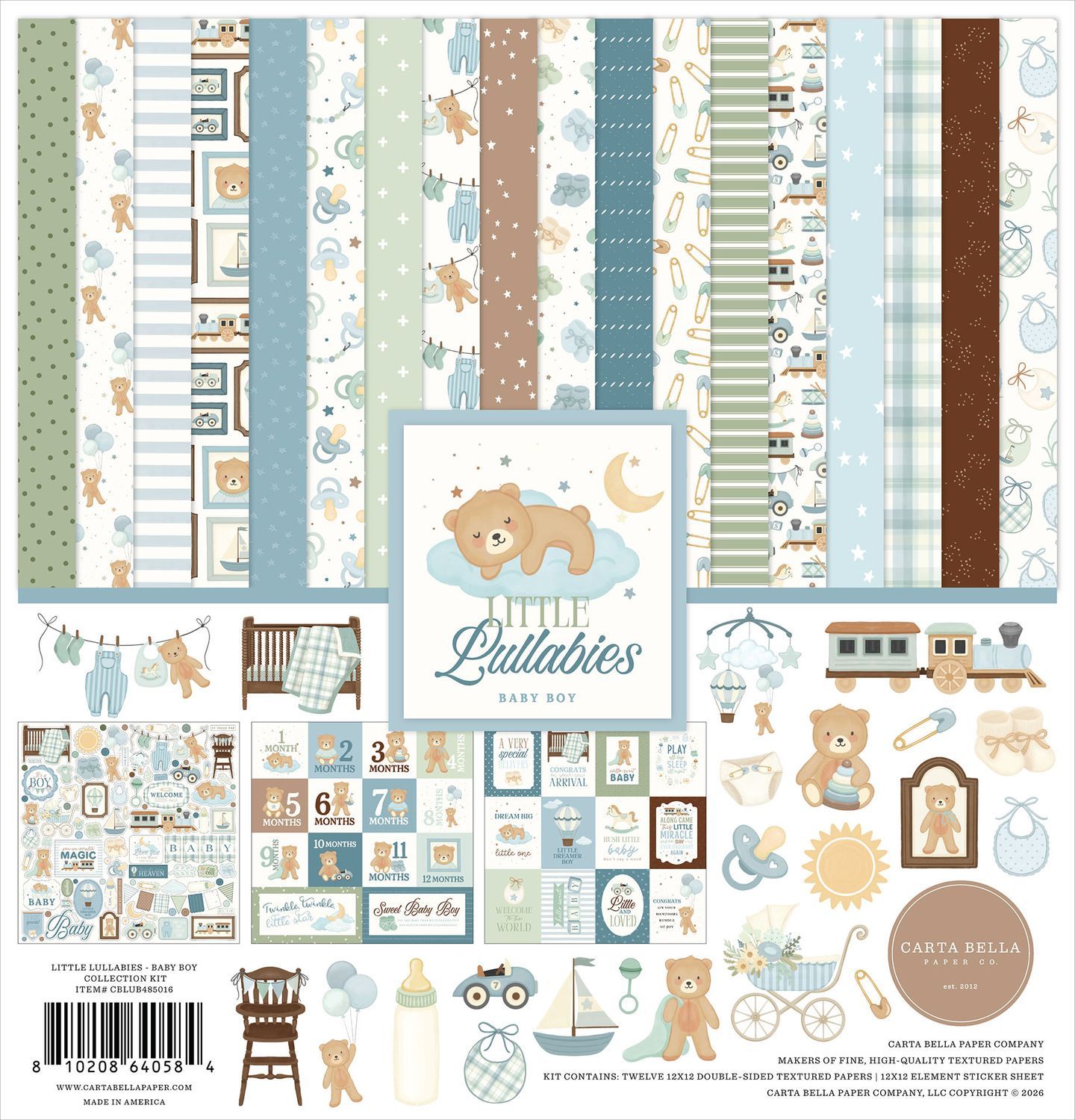Carta Bella - Little Lullabies Collection - Baby Boy - 12" x 12" Paper Pack - CBLUG485016 - 12heets (inc 12 x 12 sticker sheet)