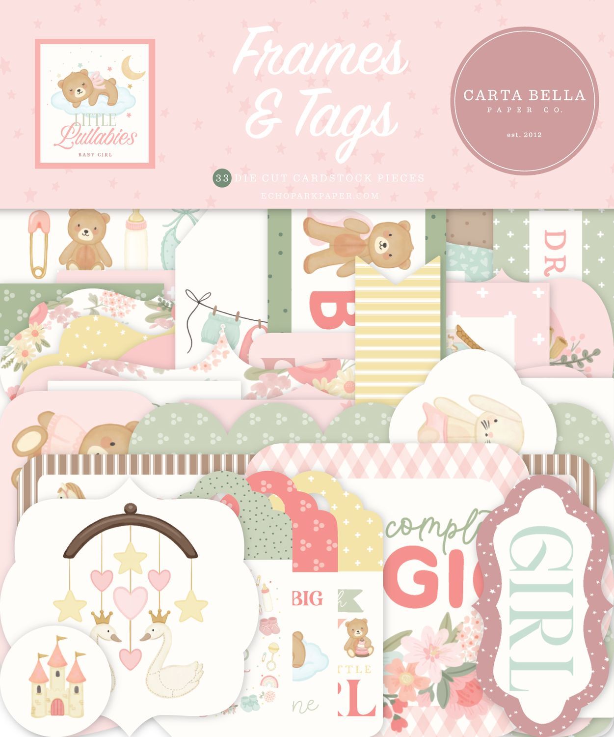 Carta Bella - Little Lullabies Collection - Baby Girl - Tags &amp; Frames Set- CBLUG486016- 33 pcs