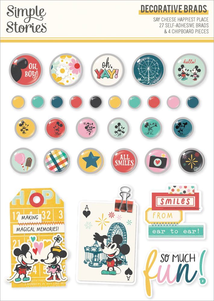 Simple Stories - Say Cheese Happiest Place Collection - Brads - 26223 - 27 self adhesive Brads &amp; 4 Chipboard pcs
