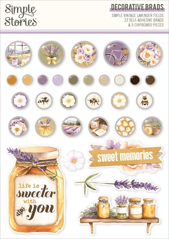 Simple Stories - Lavender Fields Collection - Brads - 26431 - 27 self adhesive Brads &amp; 5 Chipboard pcs