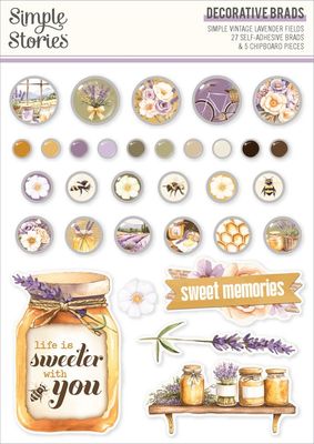 Simple Stories - Lavender Fields Collection - Brads - 26431 - 27 self adhesive Brads &amp; 5 Chipboard pcs