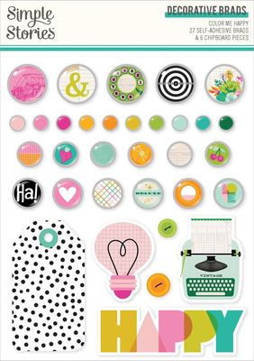 Simple Stories - Color Me Happy Collection - Brads - 26523 - 27 self adhesive Brads &amp; 6 Chipboard pcs