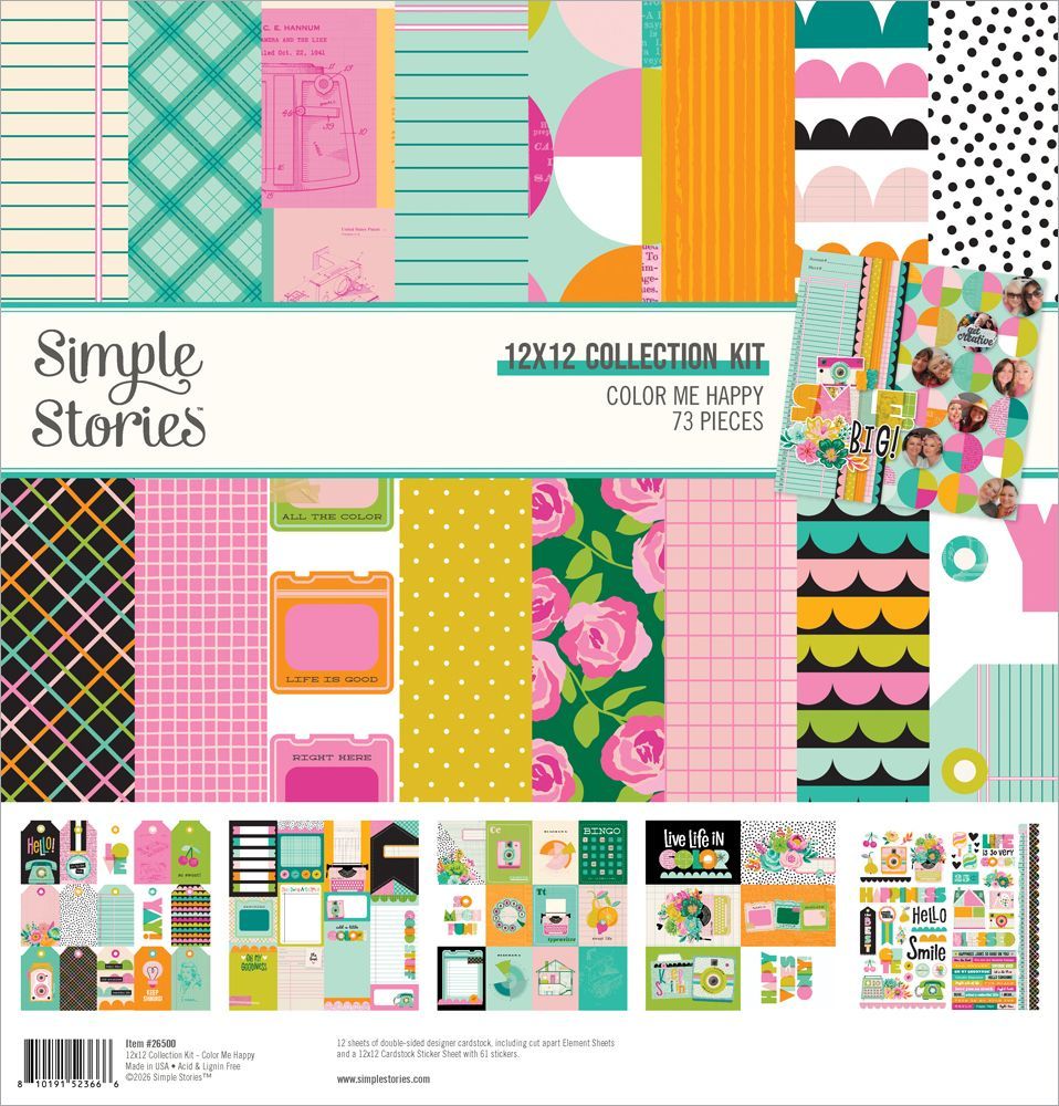 Simple Stories - Color Me Happy Collection - 12" x 12" Paper Pack - 26500 - Inc 12 x 12 sticker sheet - 73 pcs