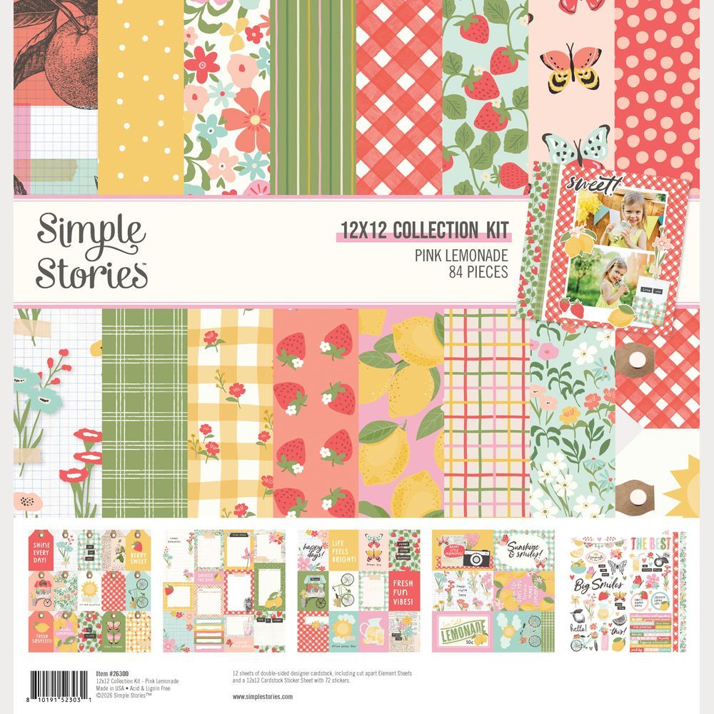 Simple Stories - Pink Lemonade Collection - 12" x 12" Paper Pack - 26300 - Inc 12 x 12 sticker sheet - 84 pcs
