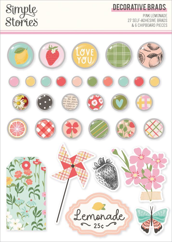 Simple Stories - Pink Lemonade Collection - Brads - 26323 - 27 self adhesive Brads &amp;  Chipboard pcs