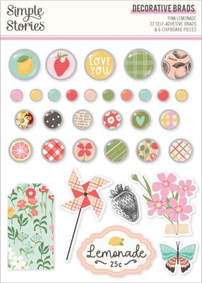 Simple Stories - Pink Lemonade Collection - Brads - 26323 - 27 self adhesive Brads &amp;  Chipboard pcs