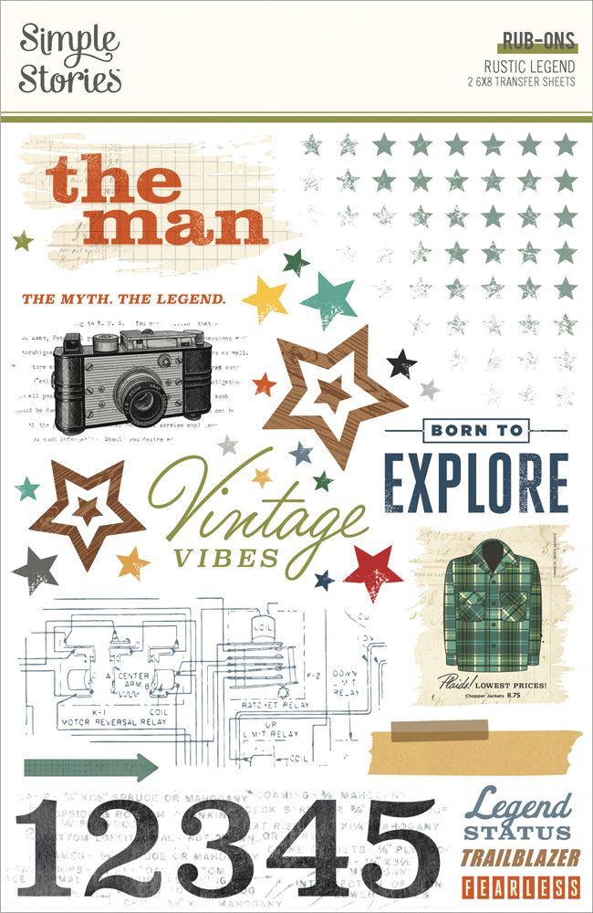 Simple Stories - Rustic Legend Collection - Rub On Transfer - 26621 - 2 Sheets