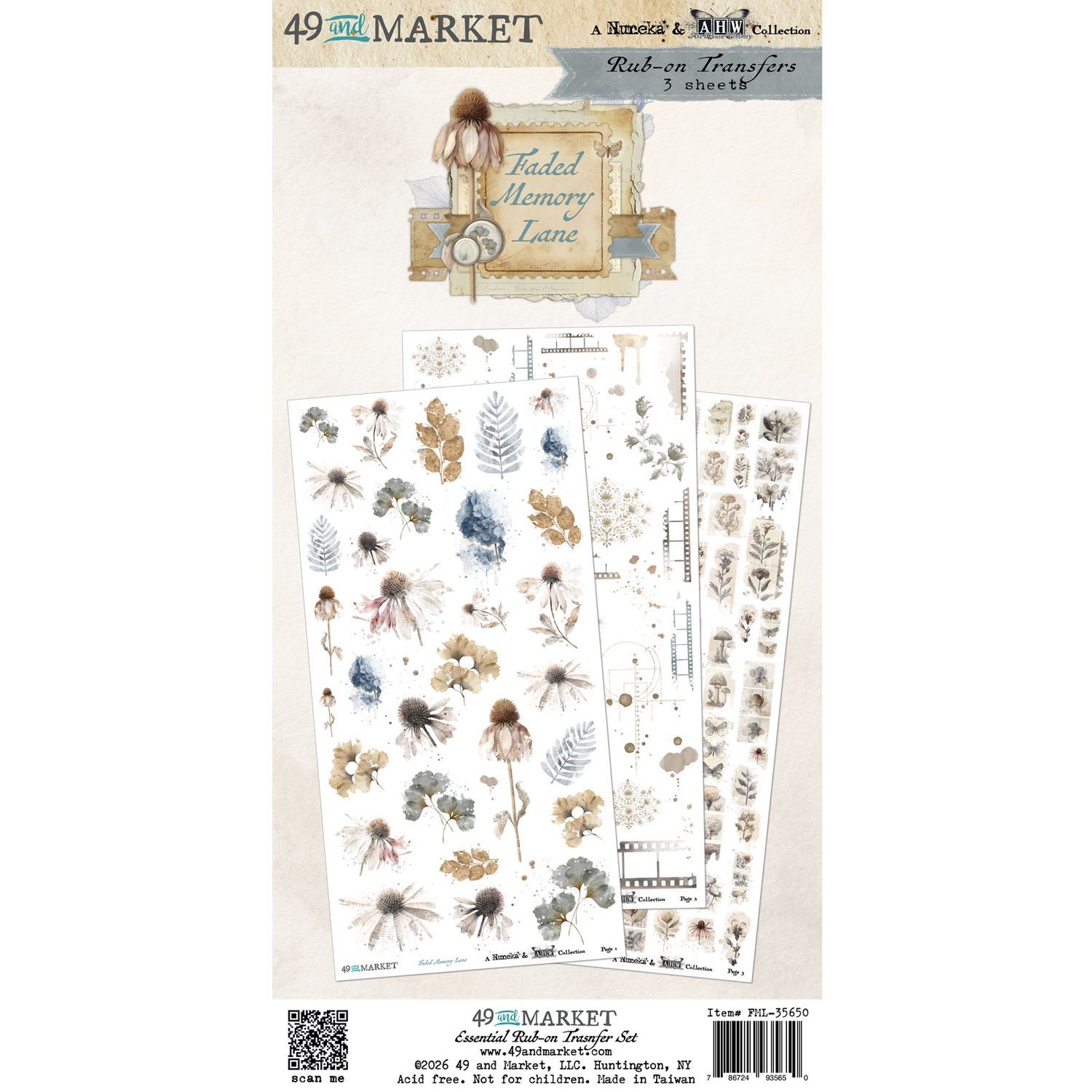49 &amp; Market - Faded Memory Lane Collection - Essentials - Rub Ons - 6" x 12" - FML35650 - 2 Sheets
