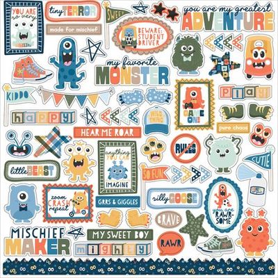 Echo Park Paper Co - My Favorite Monster Collection - 12" x 12" Paper pack - MFM499016 - inc 12 x 12 sticker sheet - 13 pcs