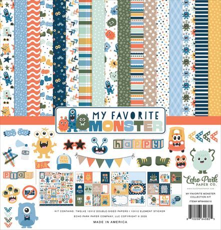 Echo Park Paper Co - My Favorite Monster Collection - 12" x 12" Paper pack - MFM499016 - inc 12 x 12 sticker sheet - 13 pcs