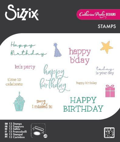 Sizzix - By Catherine Pooler - Clear Stamp Set - Birthday Sentiments - 667111 - 13 pcs