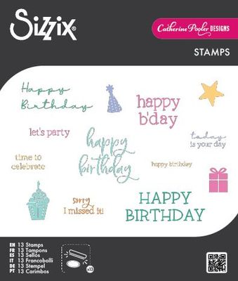 Sizzix - By Catherine Pooler - Clear Stamp Set - Birthday Sentiments - 667111 - 13 pcs