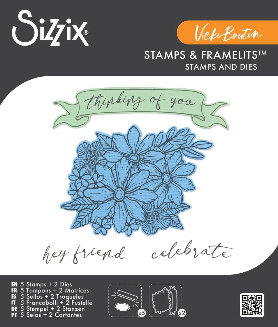 Sizzix - By Vicki Boutin - Clear Stamp &amp; Framelits Die Set - Floral Bouquet - 6607084 - 5 Pcs