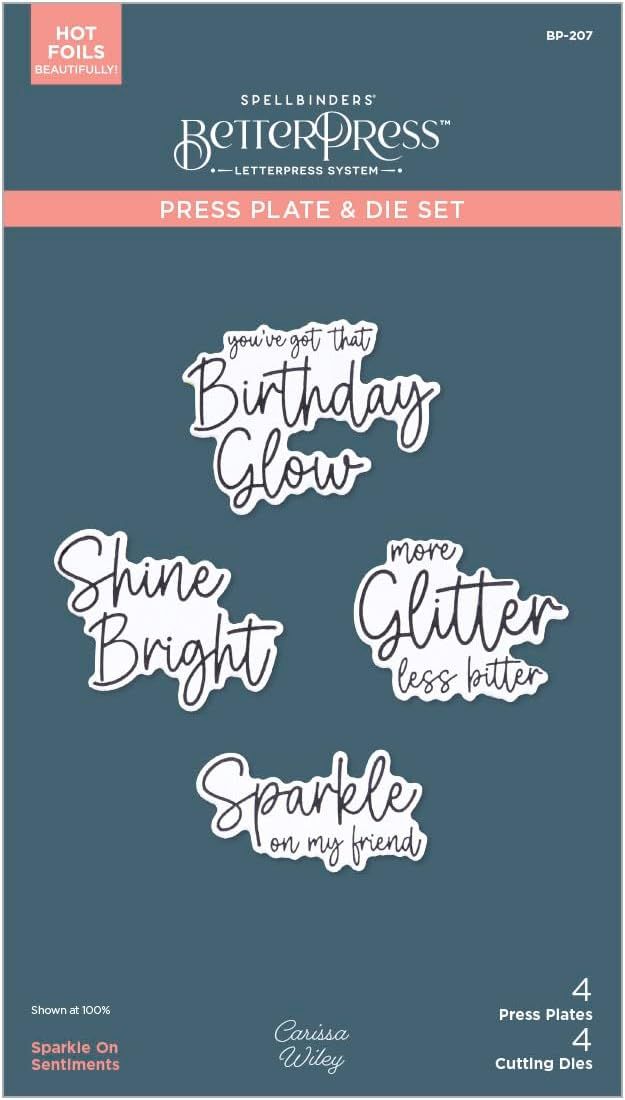 Spellbinders Paper Arts - Press Plate &amp; Die Set - Shine Bright Collection - By Carissa Wiley - Sparkle On Sentiments - BP-207 - 4 Press Plates &amp; 4 Dies